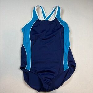 Lands End Women One Piece Swimsuit 14P Blue Colorblock Shelf Bra Swim Pool Beach